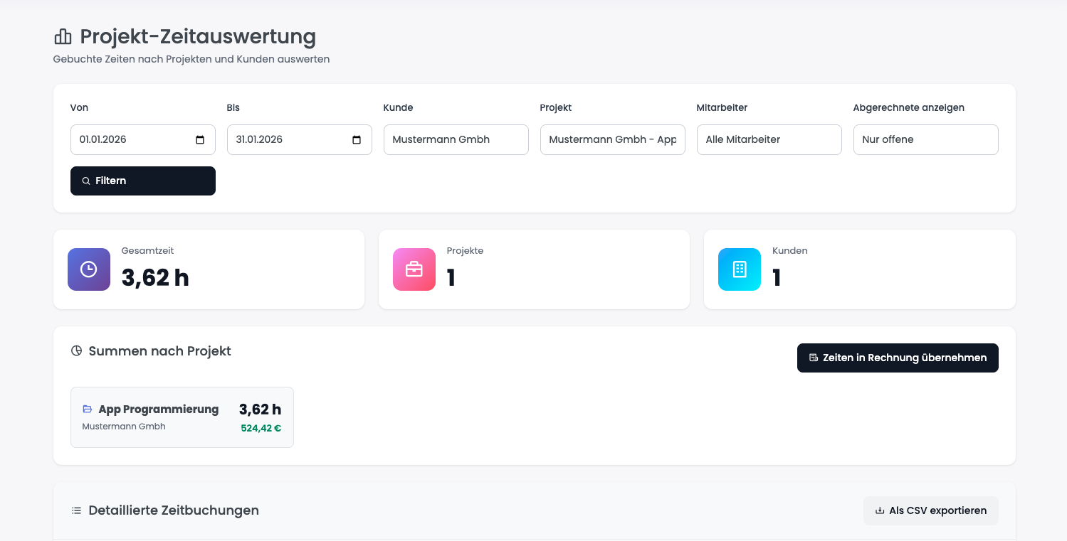 Projekt-Zeitauswertung in InvoFlux
